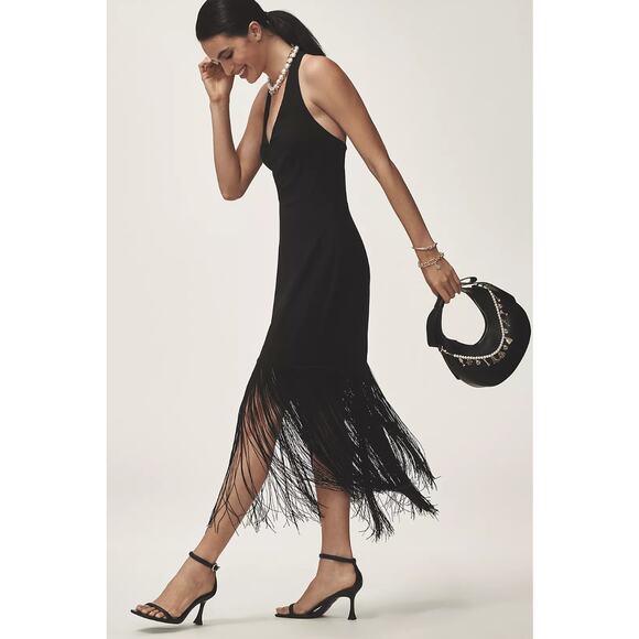 Anthropologie Dresses & Skirts - Anthropologie HUTCH Plunge Halter Fringe Knit Midi Dress in Black XL NWT $248